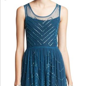 Free People teal beaded sheer slip dress.